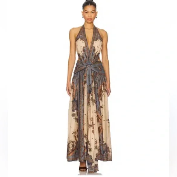 NWOT Zimmermann Beige and Blue Paisley Halter Tie-Waist Maxi Dress - Picture 2 of 12